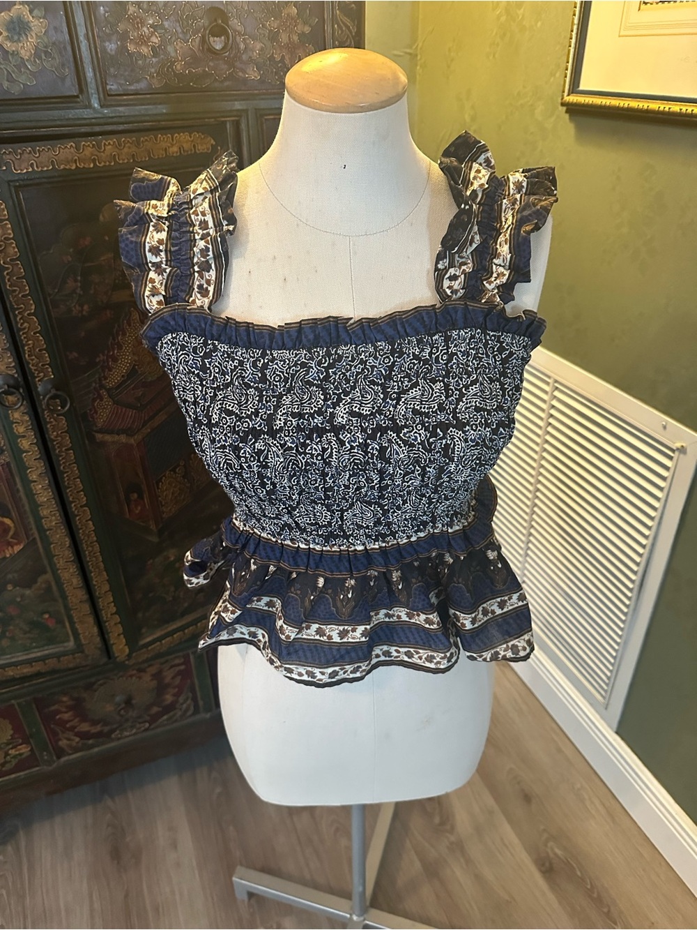 Sea Navy and Brown Printed Ruffled Top